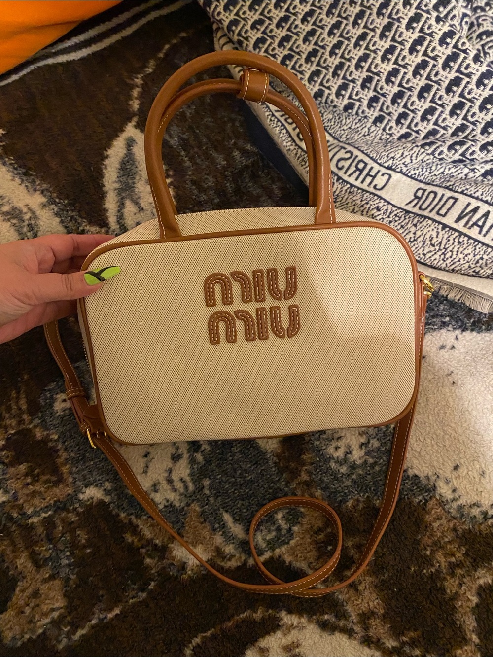 Miu Miu Cream Canvas Crossbody with Tan Leather Trim